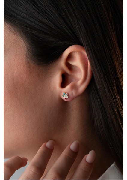 Renkli 925 Ayar Gümüş Gold Kaplama Kır Çiçeği Mini Küpe, Taşlı ve Şık Tasarım fırsatları