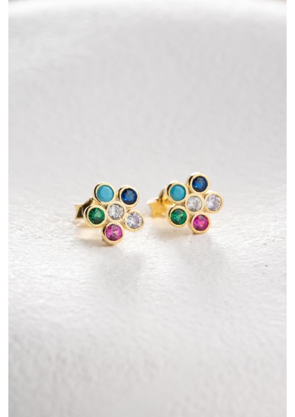 Renkli 925 Ayar Gümüş Gold Kaplama Kır Çiçeği Mini Küpe, Taşlı ve Şık Tasarım indirimleri