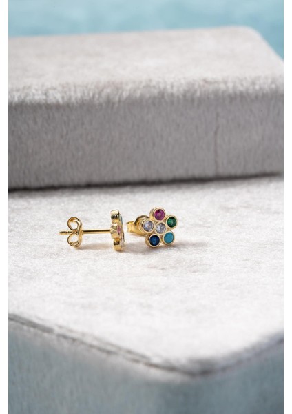 Renkli 925 Ayar Gümüş Gold Kaplama Kır Çiçeği Mini Küpe, Taşlı ve Şık Tasarım