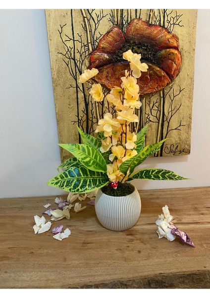 40CM Saksılı Yapay Çiçek, Doğal Taş Yosunlu Balkon ve Masa Dekoru