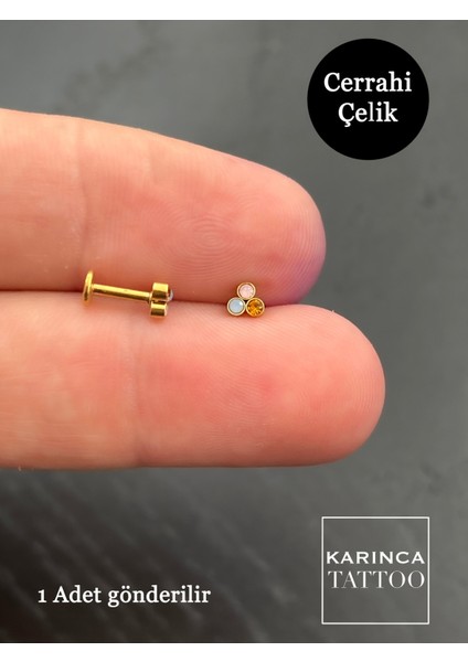 Üç Taşlı Çok Renkli Kıkırdak ve Burun Piercing Küpe Seti