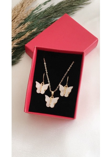 Ekru Kadın Kelebek Kolye ve Küpe Takımı, Şık ve Zarif Aksesuar Seti