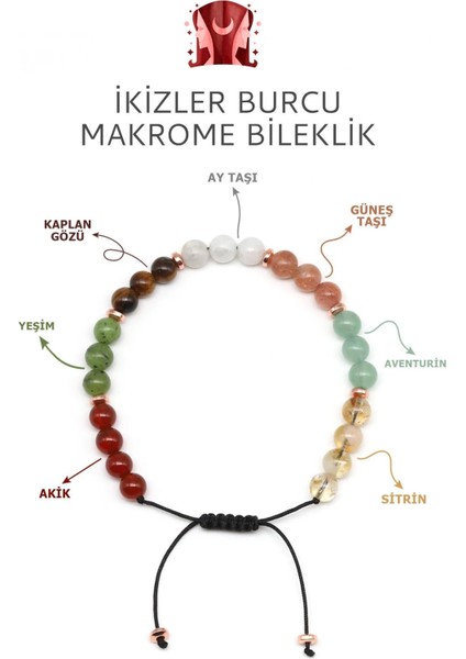 Ikizler Burcu Taşlı Doğal Taş Makrome Bileklik, Çok Renkli, 6 mm Küre Kesim