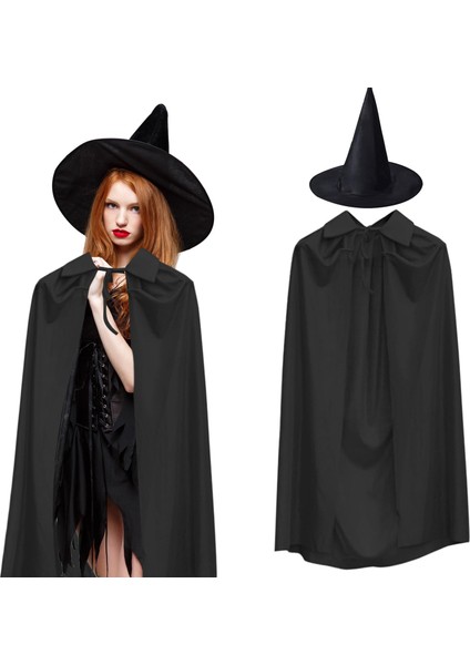 Ds-Derin 120 cm Siyah Yakalı Pelerin ve Siyah Cadı Şapkası Kostüm Seti