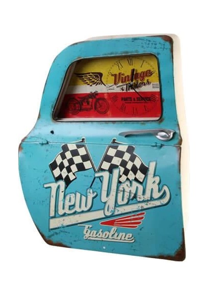 Dekoratif Newyork Temalı Mavi Araba Kapısı Saatli Duvar Rafı fiyatları