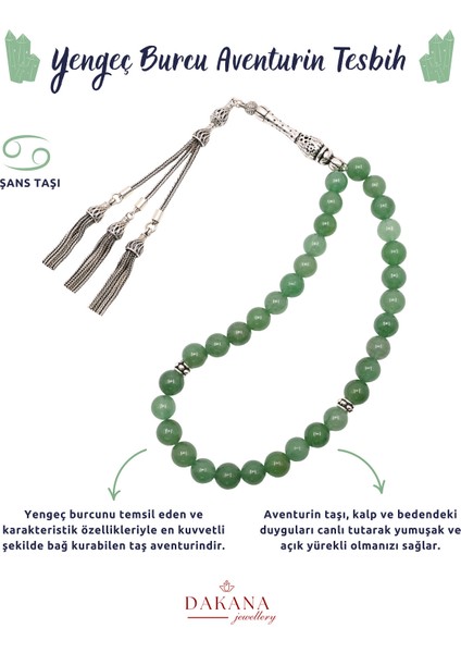 Doğal Yeşil Aventurin Taşı Yengeç Burcu Gümüş Tesbih