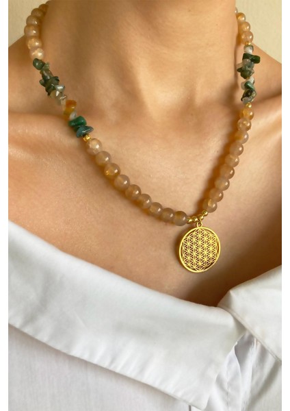 Turuncu Doğal Taş Kristal Cam Boncuklu Zarif Kolye