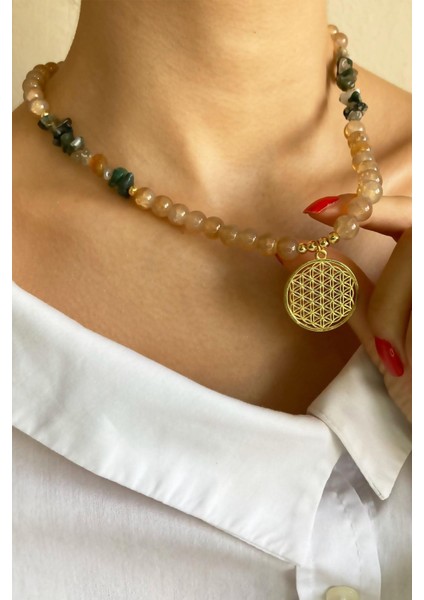 Turuncu Doğal Taş Kristal Cam Boncuklu Zarif Kolye fiyatları