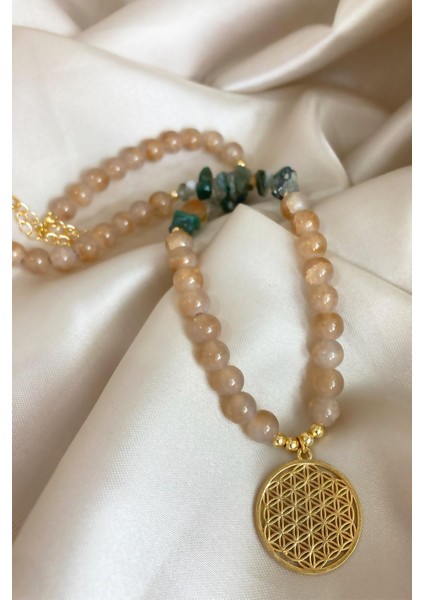 Turuncu Doğal Taş Kristal Cam Boncuklu Zarif Kolye modelleri