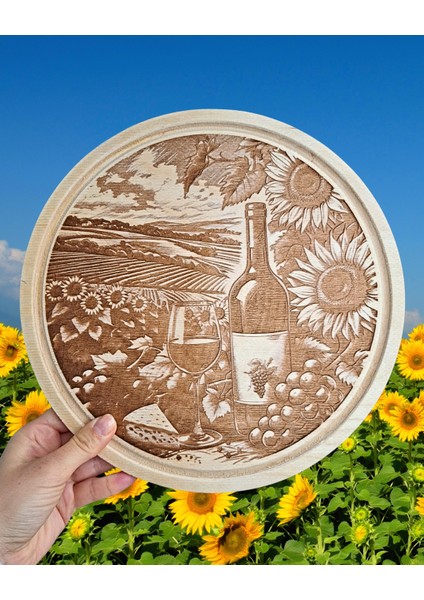 Günebakan Temalı Ahşap Şarap Sunum Tahtası fiyatları