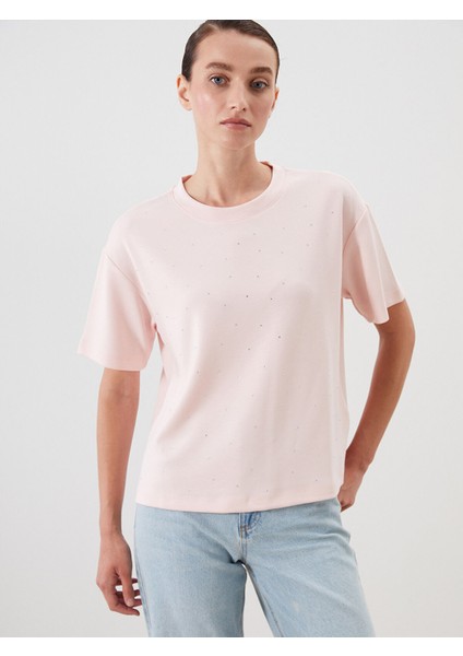 Yeni Sezon Bisiklet Yaka Taşlı Kadın Tişört