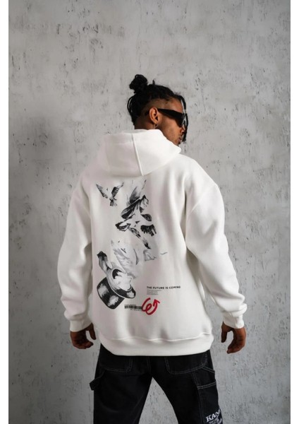 Erkek Şapkalı Güvercin Baskılı Kapşonlu Sweat