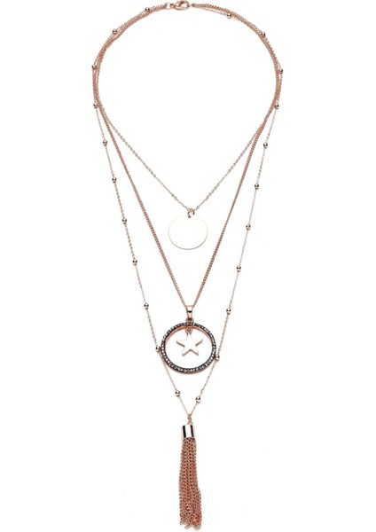 Rose Renk Yıldız ve Taş Detaylı Şık Üçlü Kolye, Zarif Tasarım.