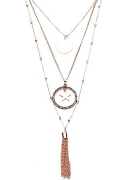 Rose Renk Yıldız ve Taş Detaylı Şık Üçlü Kolye, Zarif Tasarım. fiyatları