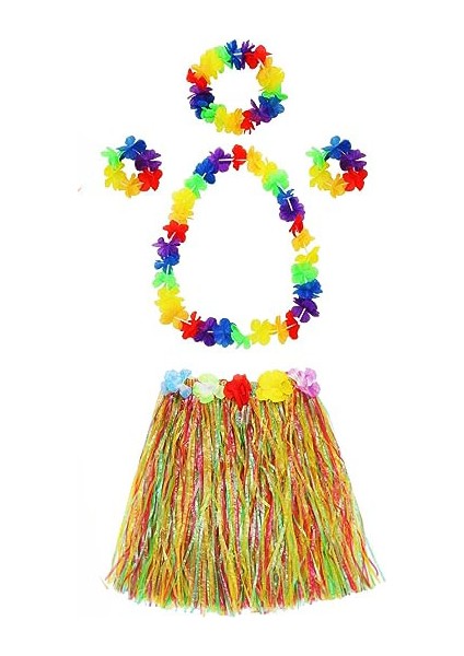 Ds-Derin Yetişkin ve Çocuk Uyumlu Luau Aloha Hawaii Kolye Renkli Etek Taç ve Bileklik Seti