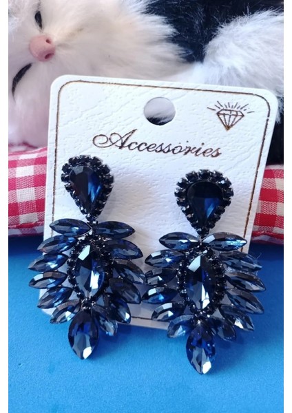 Lacivert Kristal Taşlı Zarif Gelin ve Davet Küpesi