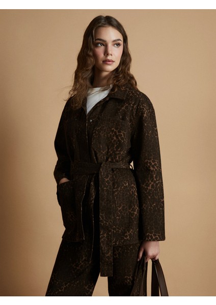 Yeni Sezon Gömlek Yaka Leopar Desenli Kadın Jean Ceket