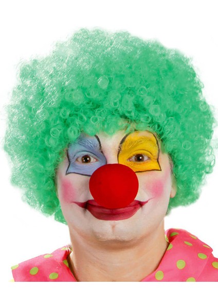 Ds-Derin Yeşil Renk Kıvırcık Afro Bonus Peruk Takma Saç ve Kırmızı Burun Seti