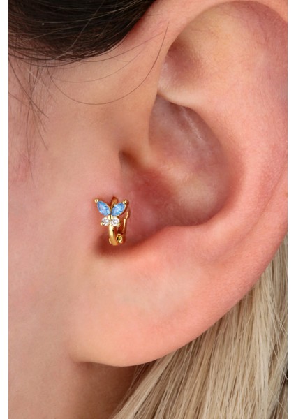 Mavi Taşlı Kelebek Piercing, Cerrahi Çelik, 6mm, Gold Renk