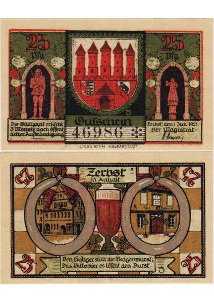 Almanya 25 Pfennig 1921 Notgeld-Zerbst Şehri Çil.