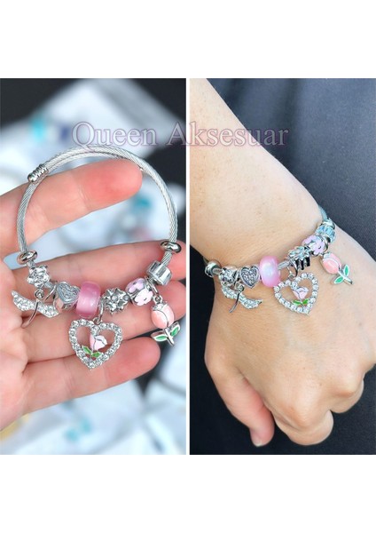Pembe Taşlı Kalp ve Lale Detaylı Şık Bileklik, Zarif ve Modern Tasarım