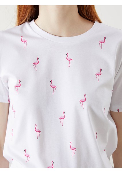 Yeni Sezon Bisiklet Yaka Flamingo Baskılı Kadın Tişört modelleri