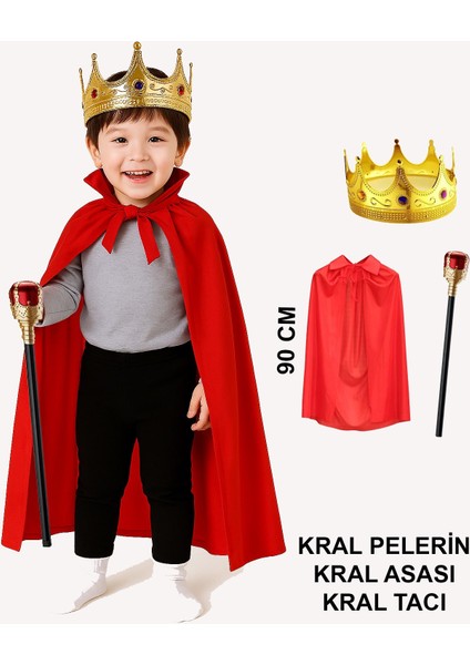 Ds-Derin Çocuk Kral Kostüm Seti – Kırmızı Pelerin, Taç ve Asa (90 Cm)