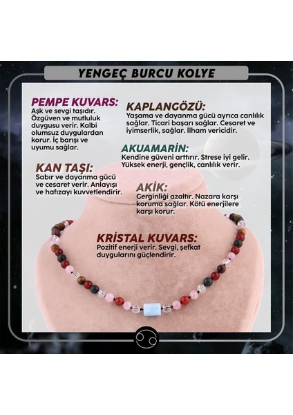 Renkli Yengeç Burcu Kolye, Selenit, Akik, Kan Taşı, Dumanlı Kuvars, Ametist, Hematit, Pembe Kuvars