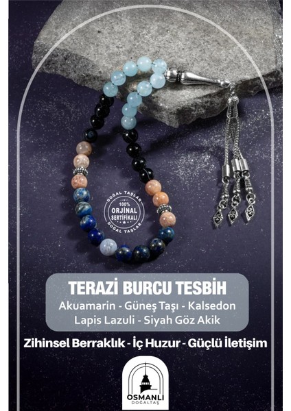 Terazi Burcu Taşlı Tesbih, Akuamarin, Güneş Taşı, Kalsedon, Lapis Lazuli, Göz Akik