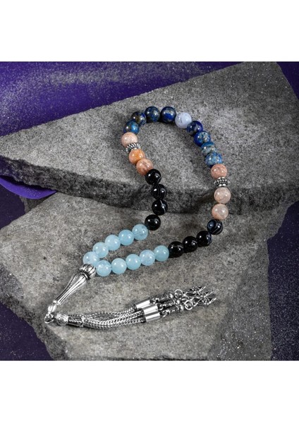 Terazi Burcu Taşlı Tesbih, Akuamarin, Güneş Taşı, Kalsedon, Lapis Lazuli, Göz Akik modelleri