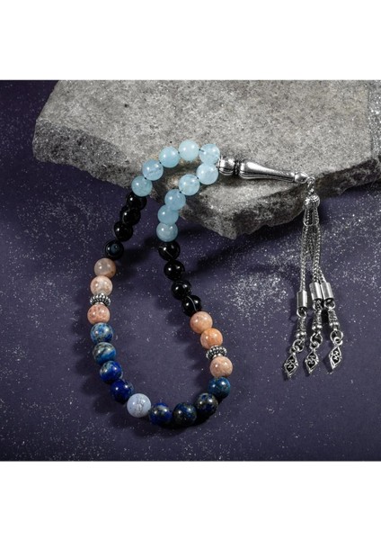 Terazi Burcu Taşlı Tesbih, Akuamarin, Güneş Taşı, Kalsedon, Lapis Lazuli, Göz Akik fırsatları