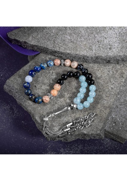 Terazi Burcu Taşlı Tesbih, Akuamarin, Güneş Taşı, Kalsedon, Lapis Lazuli, Göz Akik indirimleri