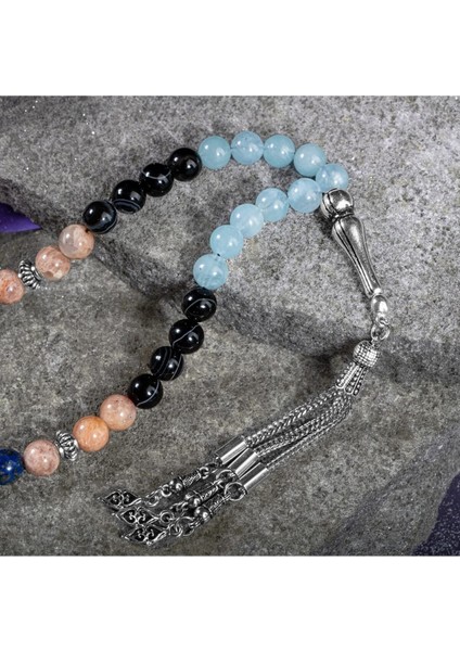 Terazi Burcu Taşlı Tesbih, Akuamarin, Güneş Taşı, Kalsedon, Lapis Lazuli, Göz Akik