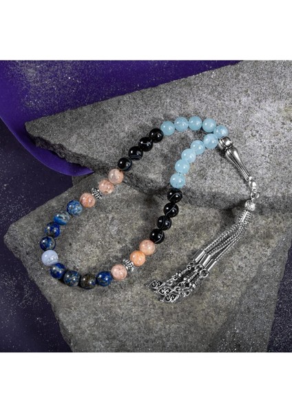 Terazi Burcu Taşlı Tesbih, Akuamarin, Güneş Taşı, Kalsedon, Lapis Lazuli, Göz Akik