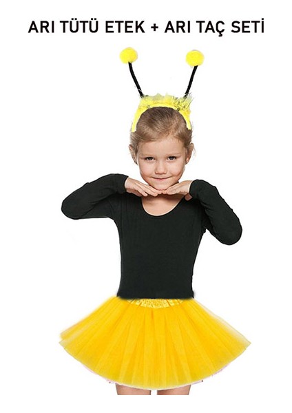 Ds-Derin Gösteriler Için Sarı Arı Tütü Etek ve Sarı Ponponlu Arı Taç Seti