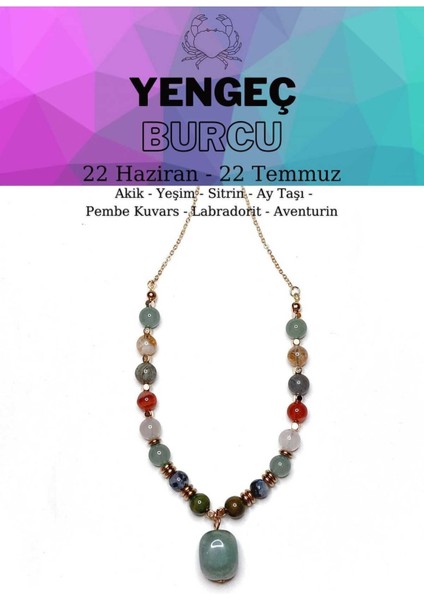Yengeç Burcu Kolye, Akik, Aytaşı, Labradorit, Yeşim, Pembe K., Sitrin, Aventurin