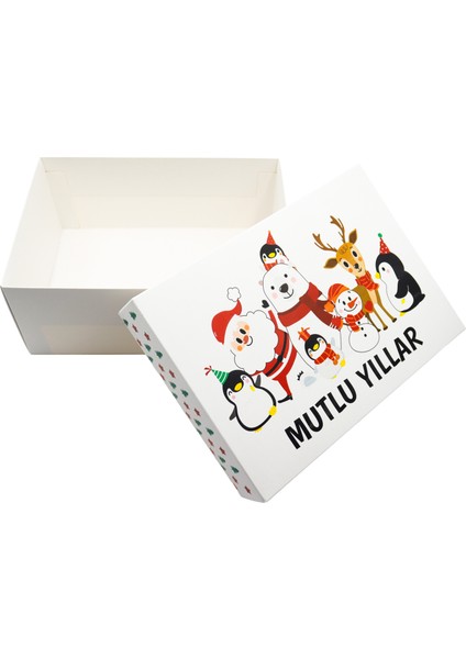 Yılbaşı Temalı Özel Baskılı Hediye Kutusu 25X18X10 cm - Mutlu Yıllar Desenli Kutu 1 Adet