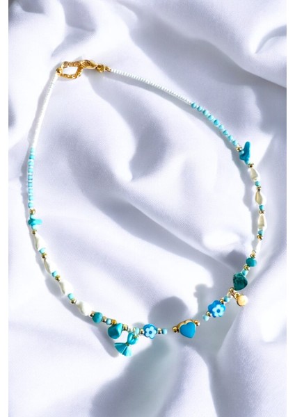 Turkuaz Renkli Murano Çiçek Kalpli Şık Kolye, Zarif ve Göz Alıcı Tasarım fiyatları