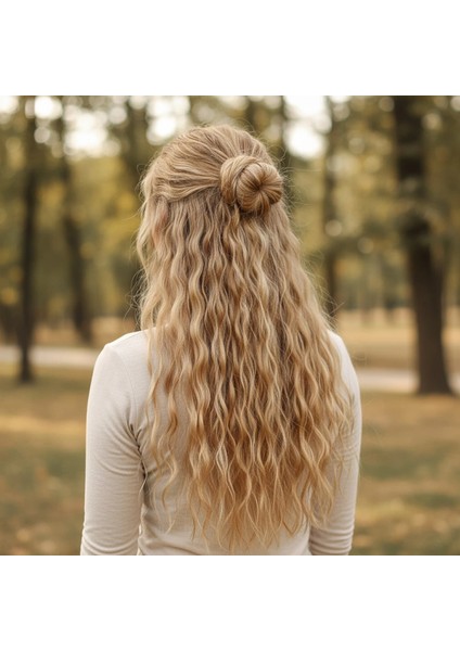 Fiber Sentetik Kabarık Dalgalı Yarım Ay + 2 Yan Çıt Çıt - Karamel Platin Röfleli
