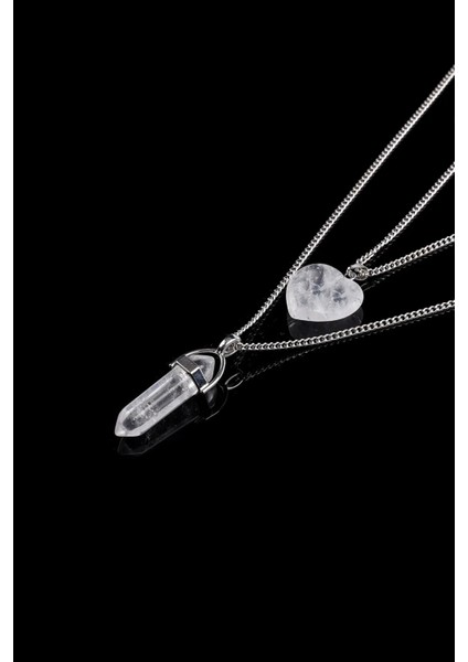 Beyaz Kristal Kuvars Kalp ve Çivi Kesim Kolye Seti, Şık ve Doğal Tasarım