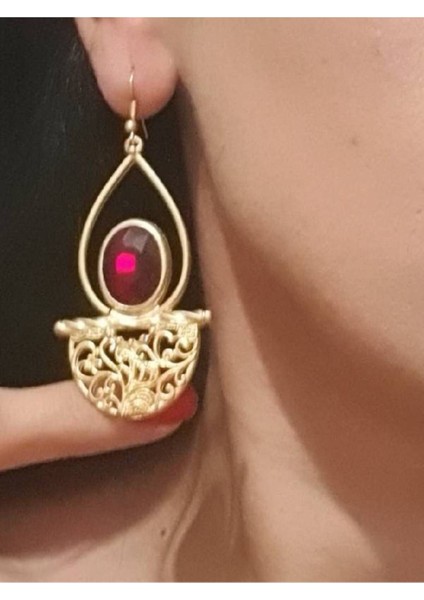 Kırmızı Taşlı Antik Çelik Sallantılı Kadın Damla Küpe