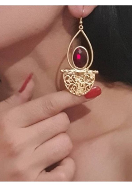 Kırmızı Taşlı Antik Çelik Sallantılı Kadın Damla Küpe fiyatları