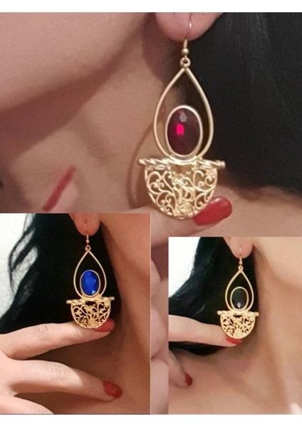 Kırmızı Taşlı Antik Çelik Sallantılı Kadın Damla Küpe modelleri