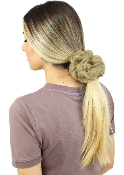 Yoğun Saçlı Lastikli Topuz Toka - Karamel Platin Röfleli