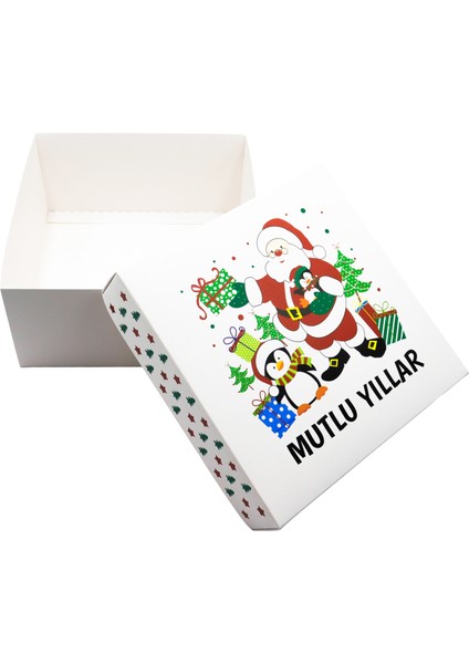 Yılbaşı Temalı Özel Baskılı Hediye Kutusu 20X20X10 cm - Mutlu Yıllar Noel Baba Kutu 1 Adet