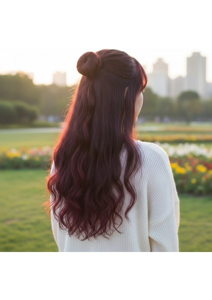 Fiber Sentetik Dalgalı Yarım Ay + 2 Yan Çıt Çıt - Koyu Kızıl