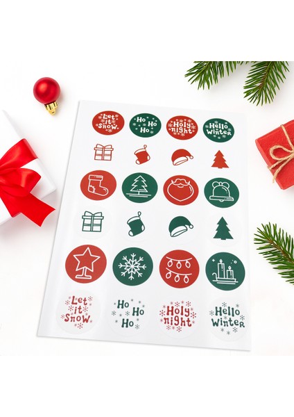 Yılbaşı Temalı 24’lü Yuvarlak Etiket Seti 4 cm – Hediye Paketleme Sticker Beyaz