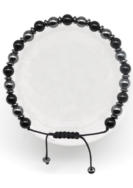 Doğal Taş Makrome Bileklik, Oniks ve Hematit Küre Kesim, Şık ve Zarif Takı