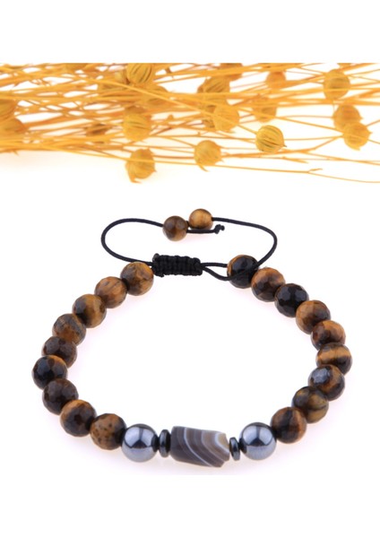 Doğal Kaplan Gözü, Botswana Akik ve Hematit Makrome Bileklik, Kahverengi Renkli