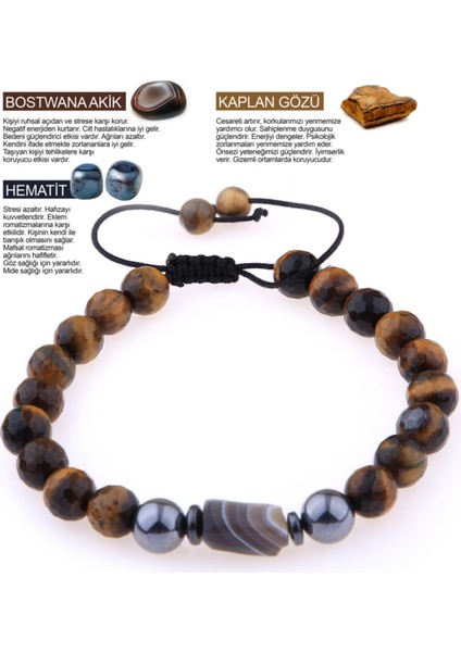 Doğal Kaplan Gözü, Botswana Akik ve Hematit Makrome Bileklik, Kahverengi Renkli fiyatları
